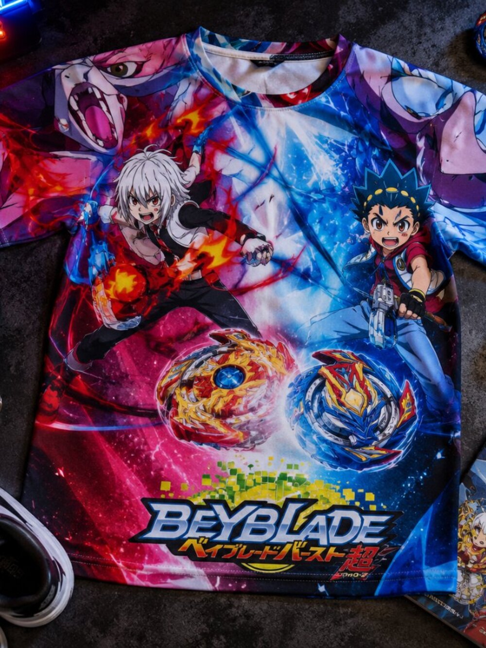 Beyblade Burst Anime AOP Shirt Valt Aoi Shu Kurenai Graphic Tee Small